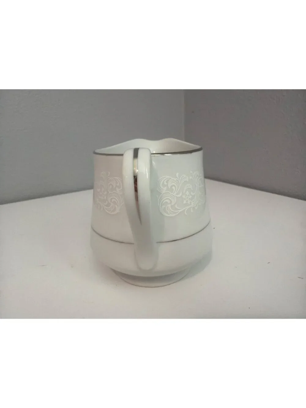 Vtg Rose China Creamer White Spanish Lace w/Silver Trim Classic Elegant Timeless